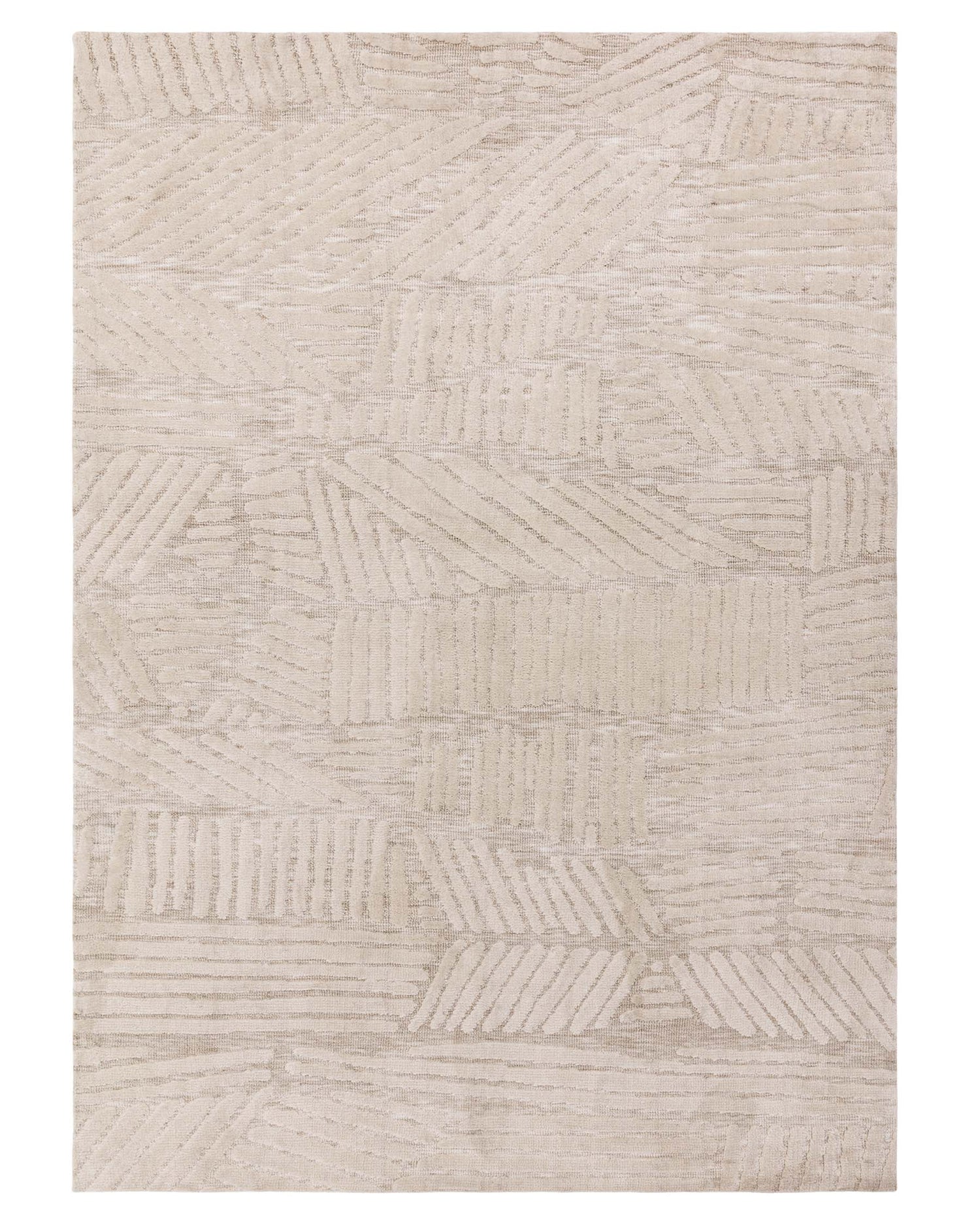 Contemporary beige area rug with a textured leaf pattern design.